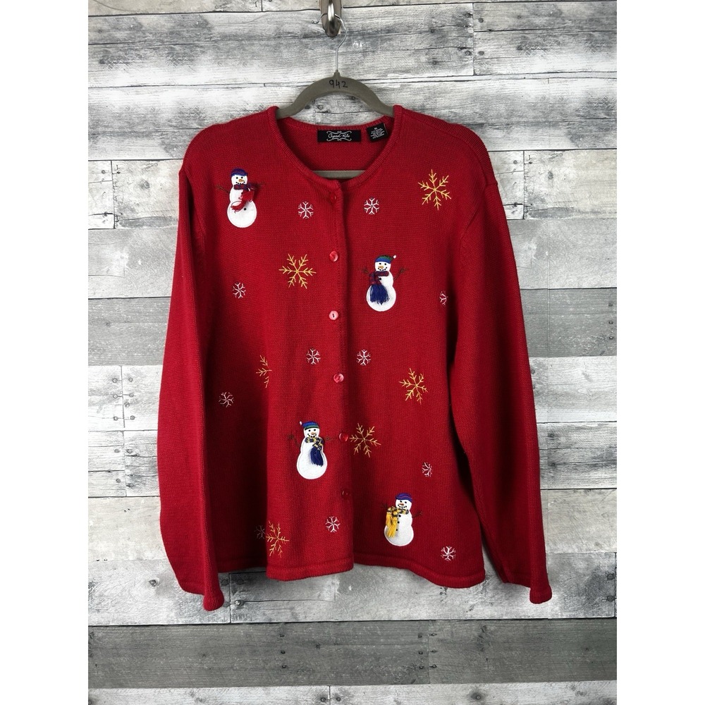 Crystal-Kobe Women's Red Christmas Cardigan Sweater Snowman Red  Size XL